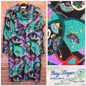 Gay Boyer Vintage Button Up Shift Dress Fan Print Attached Scarf Size 20 USA